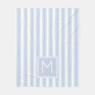 Soft Blue and White Ticking Stripe Monogram Fleece Blanket
