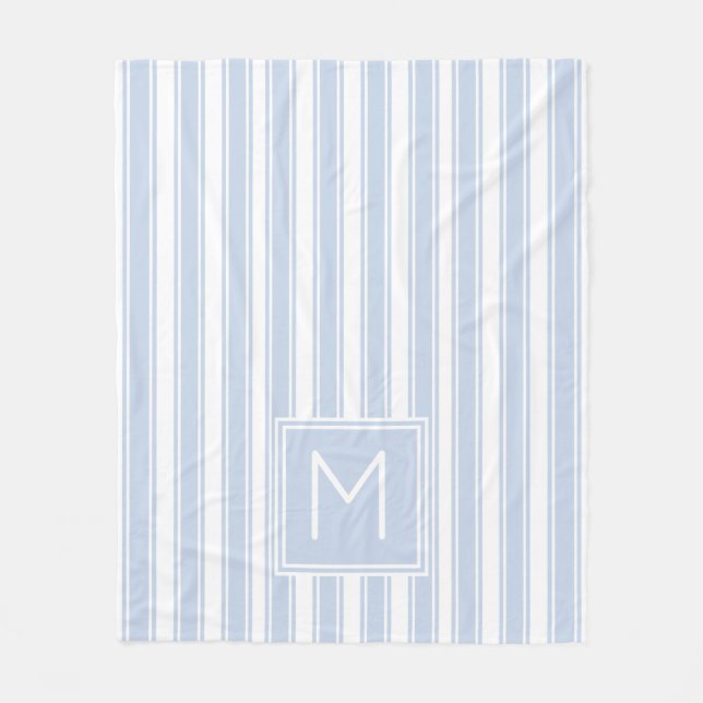Soft Blue and White Ticking Stripe Monogram Fleece Blanket (Front)