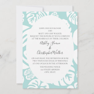 Soft Blue and White Tropical Leaves Wedding Invitation