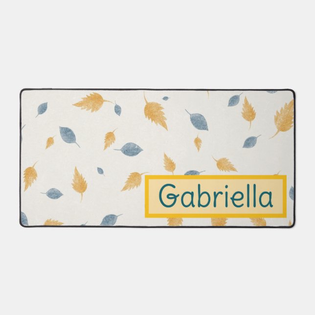 Soft Blue and Yellow Leaves Name Custom  Desk Mat (Front)