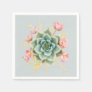 Soft Blue Background with Green Succulent and Pink Napkin