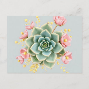 Soft Blue Background with Green Succulent and Pink Postcard