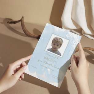 Soft Blue Baptism Invitation with Gold Accents