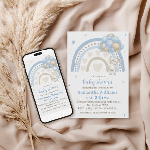 Soft Blue Beige Bunny Balloon Rainbow Baby Shower Invitation
