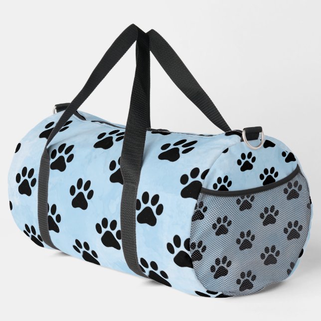 Soft Blue Black Paw Print Monogram Personalise Duffle Bag (Right Corner)