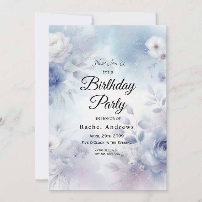 Soft Blue Blossoms and Lavender Mist Birthday Invitation (Front)