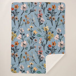 Soft Blue Bohemian Floral Watercolor Custom Sherpa Blanket
