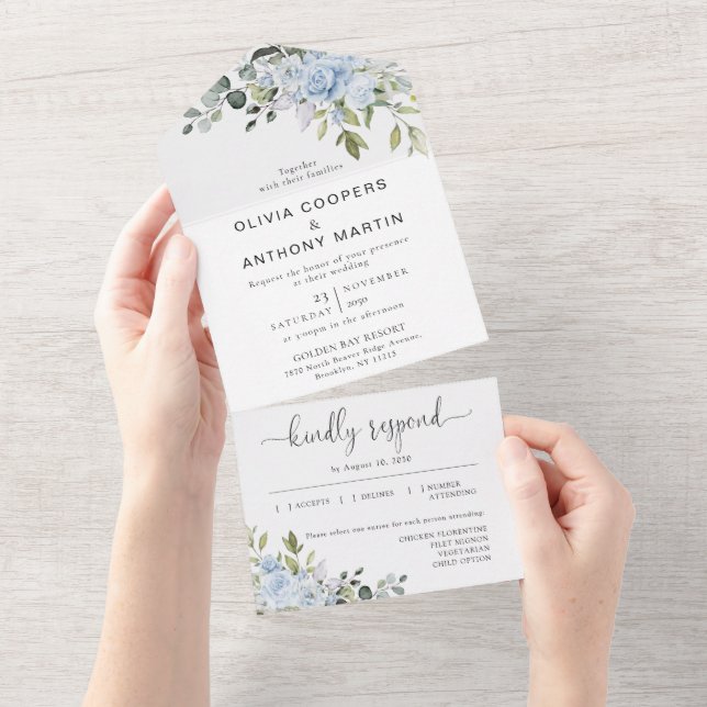 Soft Blue Botanical All in One Wedding Invite (Tearaway)
