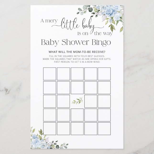 Soft Blue Botanical Baby Shower Game Bingo (Front)