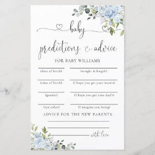 Soft Blue Botanical Baby Shower Predictions Card