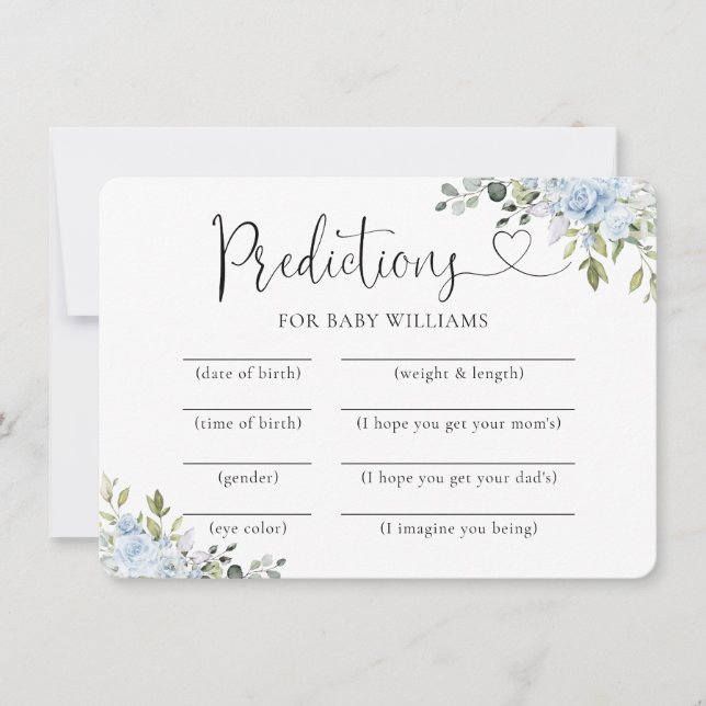 Soft Blue Botanical Baby Shower Predictions Card (Front)