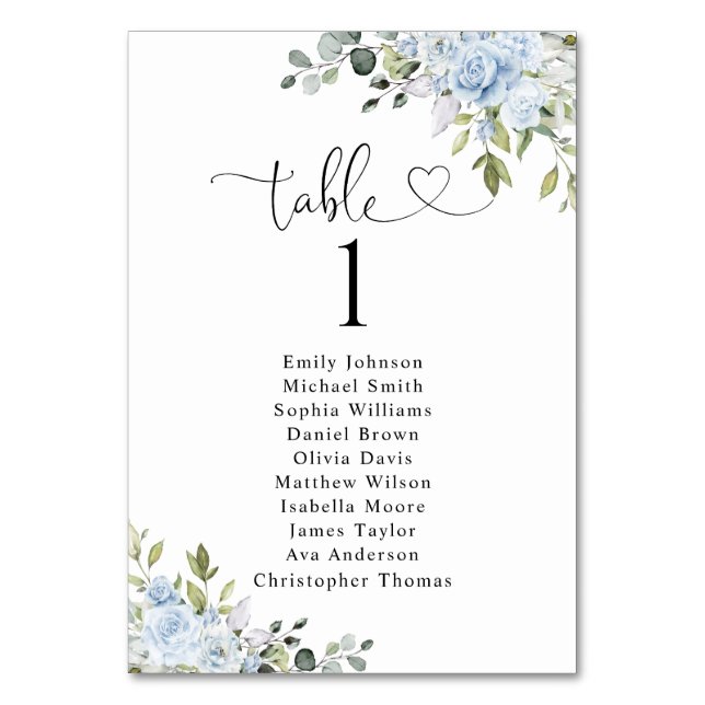 Soft Blue Botanical Table Seating Chart Cards (Front)