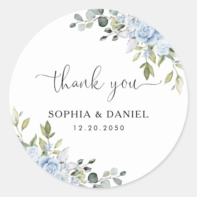 Soft Blue Botanical Wedding Classic Round Sticker (Front)