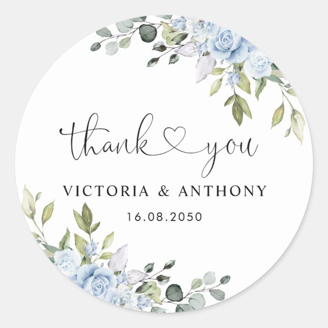 Soft Blue Botanical Wedding Classic Round Sticker (Front)