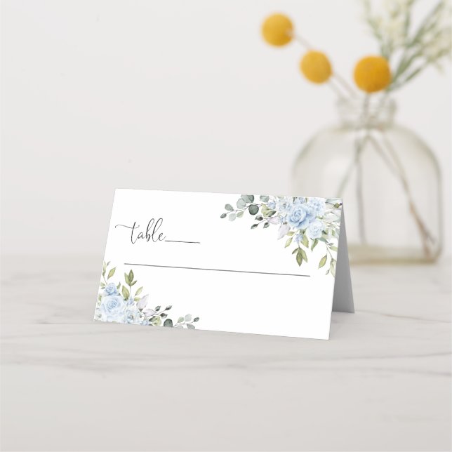 Soft Blue Botanical Wedding Folded  Place Card (Front)