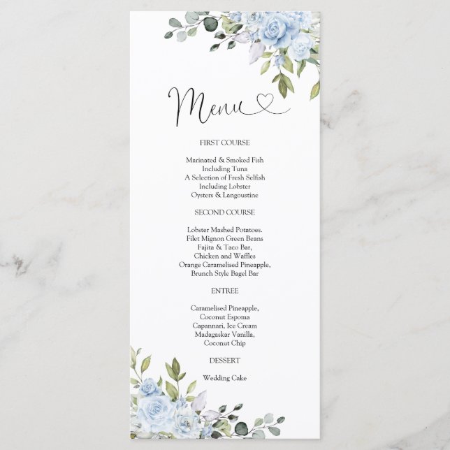 Soft Blue Botanical Wedding Menu (Front)