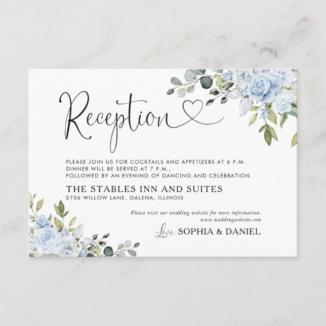 Soft Blue Botanical Wedding Reception Enclosure Card (Front)