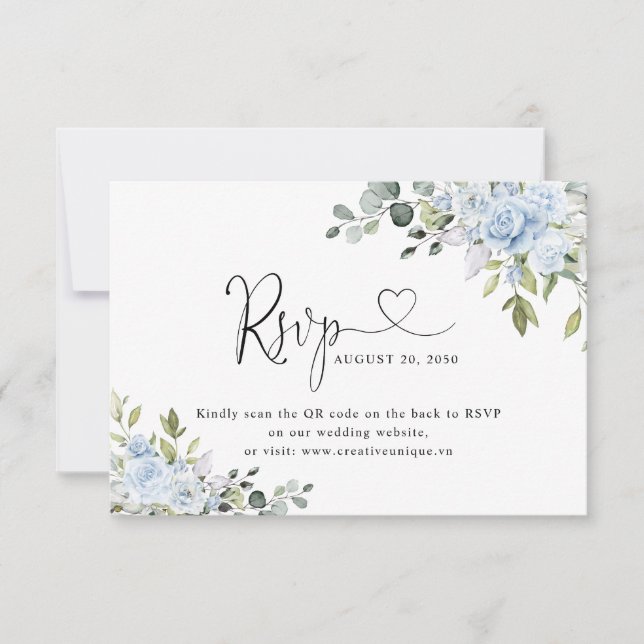 Soft Blue Botanical Wedding Website QR Code RSVP Card (Front)