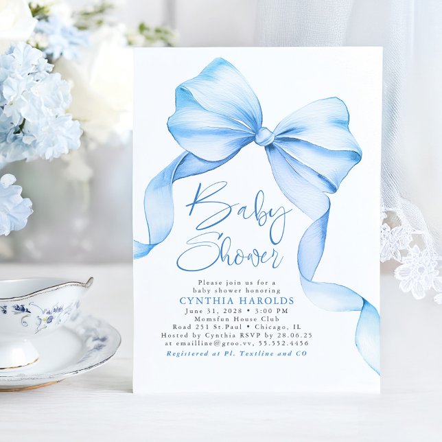 Soft Blue Bow Cute Baby Boy Baby Shower Invitation (Blue Bow Ribbon Boy Baby Shower Invitations)
