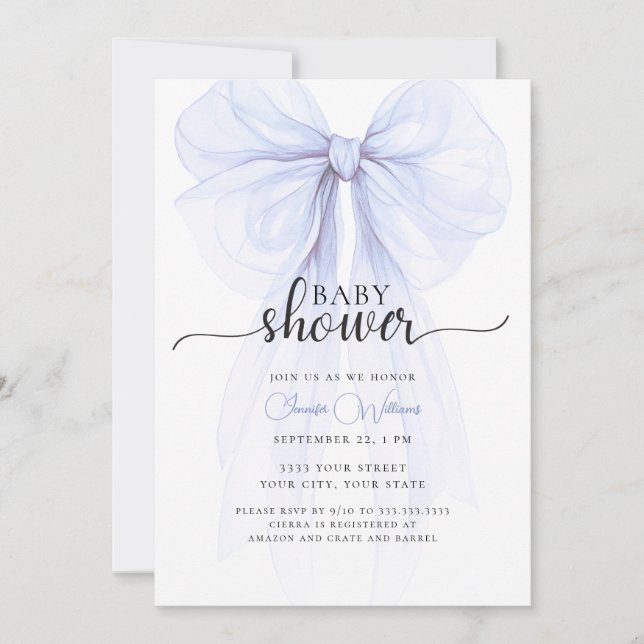 Soft Blue Bow Minimal Baby Shower Invitation (Front)