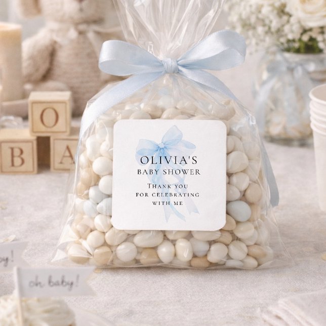 Soft Blue Bow Text Thank You Baby Shower Square Sticker (Creator Uploaded)