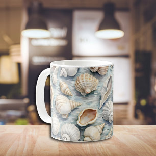 Soft Blue Coastal Seashell Watercolor Coffee Mug