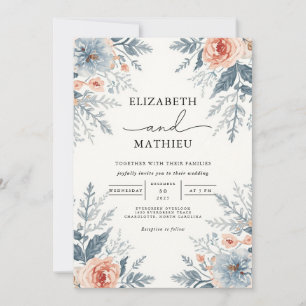 Soft Blue Coral Botanical Wedding Invitation