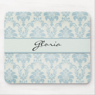 Soft Blue Damask With White Label Mouse Pad