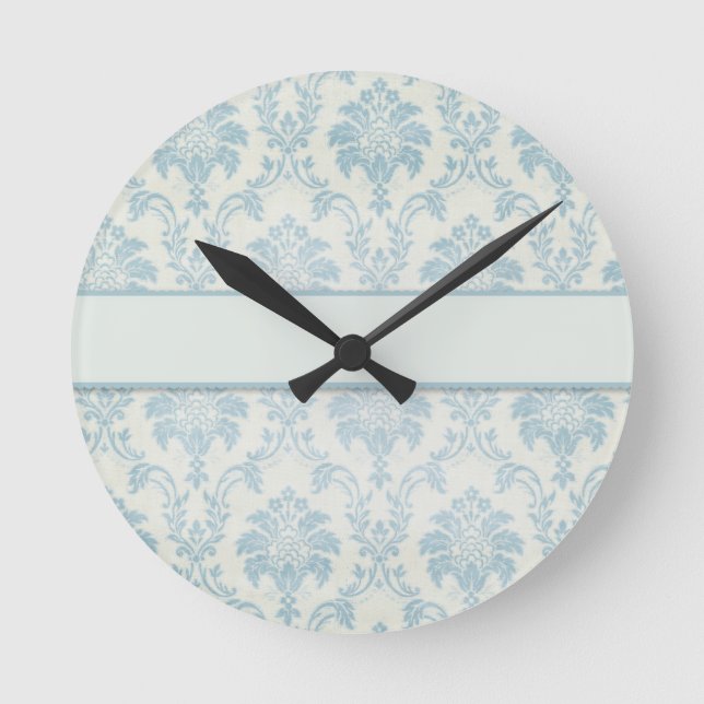 Soft Blue Damask With White Label Round Clock (Front)