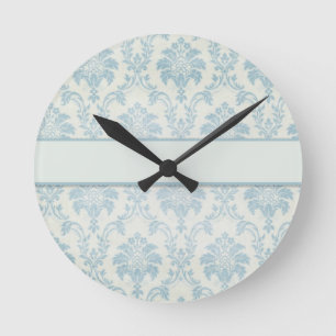 Soft Blue Damask With White Label Round Clock