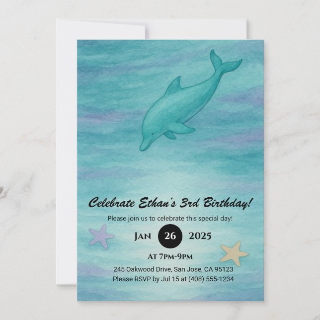 Soft Blue Dolphin & Starfish Ocean Birthday  Invitation (Front)