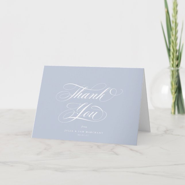 Soft Blue Elegant Script Blank Wedding Thank You Card (Front)