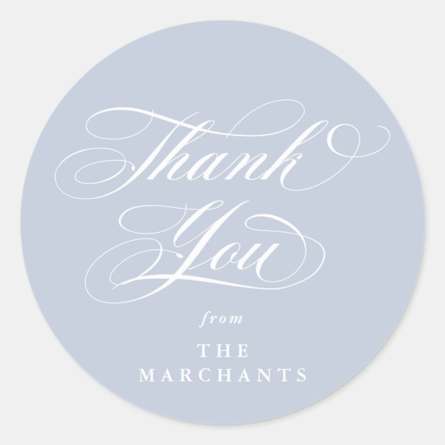 Soft Blue Elegant Script Wedding Thank You Classic Round Sticker (Front)