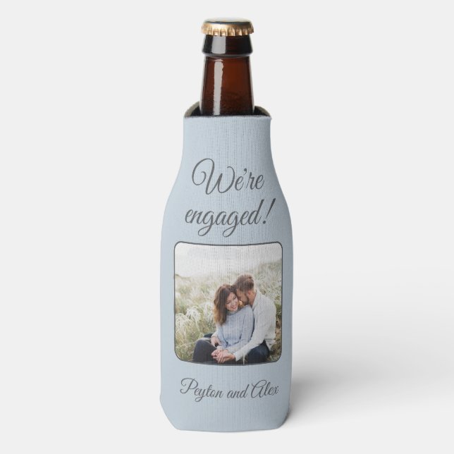 Soft Blue Engagement Party Photo We're Engaged Bottle Cooler (Bottle Front)