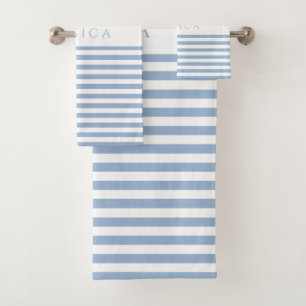 Soft Blue Farmhouse Stripe Pattern Personalised Bath Towel Set