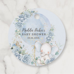 Soft Blue Floral Balloon Elephant Boy Baby Shower Favour Tags