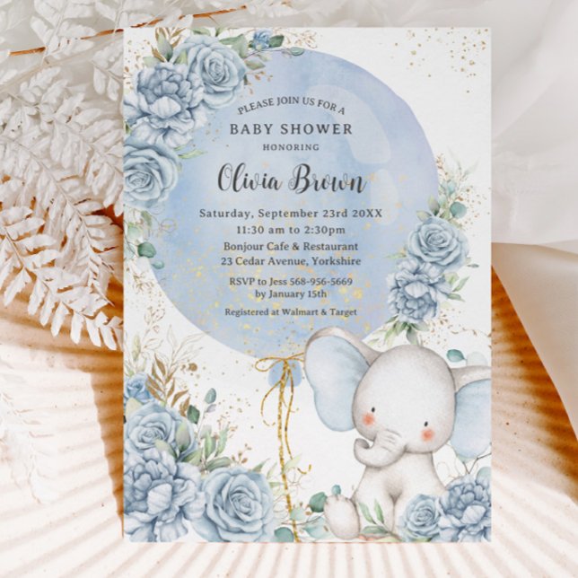 Soft Blue Floral Balloon Elephant Boy Baby Shower Invitation (Creator Uploaded)