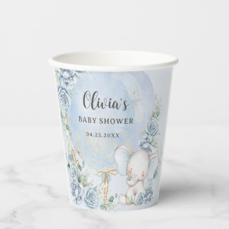 Soft Blue Floral Balloon Elephant Boy Baby Shower Paper Cups
