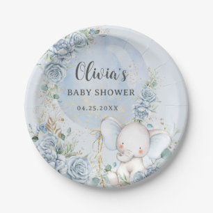 Soft Blue Floral Balloon Elephant Boy Baby Shower Paper Plate
