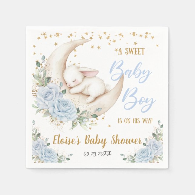 Soft Blue Floral Bunny Rabbit Baby Boy Shower Napkin (Front)