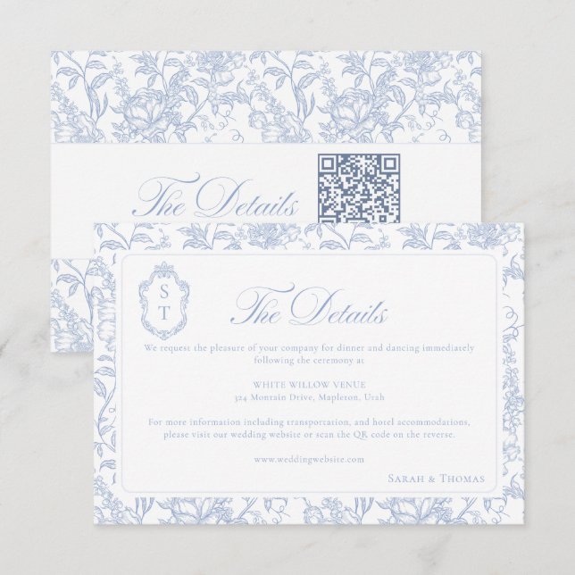 Soft Blue Floral Chinoiserie Details QR code Enclosure Card (Front/Back)