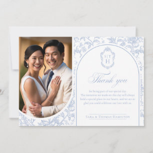 Soft Blue Floral Chinoiserie Monogram Wedding Thank You Card