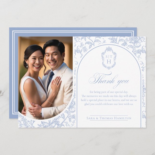 Soft Blue Floral Chinoiserie Monogram Wedding Thank You Card (Front/Back)