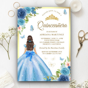 Soft Blue Floral Dress Butterfly Gold Quinceanera Invitation