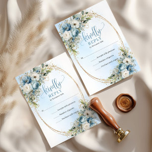 Soft Blue Floral Eucalyptus Gold Frame Wedding RSV RSVP Card