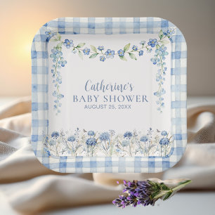 Soft Blue Floral Gingham Baby Shower Paper Plate