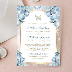 Soft Blue Floral Gold Arch Butterfly Wedding Acrylic Invitations