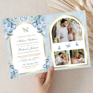Soft Blue Floral Gold Arch Butterfly Wedding Invitation