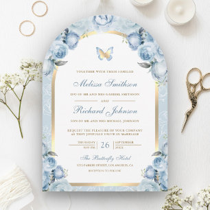 Soft Blue Floral Gold Arch Butterfly Wedding Invitation
