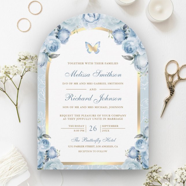 Soft Blue Floral Gold Arch Butterfly Wedding Invitation (Creator Uploaded)
